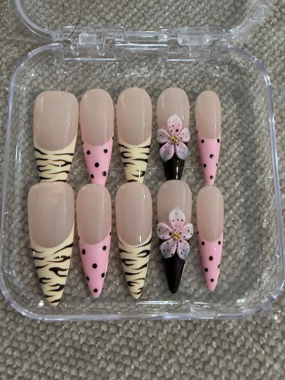 Handmade Pink Floral Press-On Nails Zebra French 3D Bow Size M